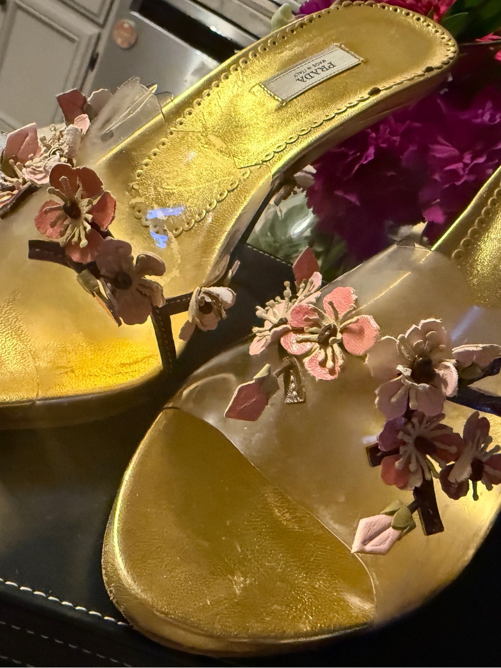 Vintage Prada Gold Slide Mules with Pink Floral Appliqués